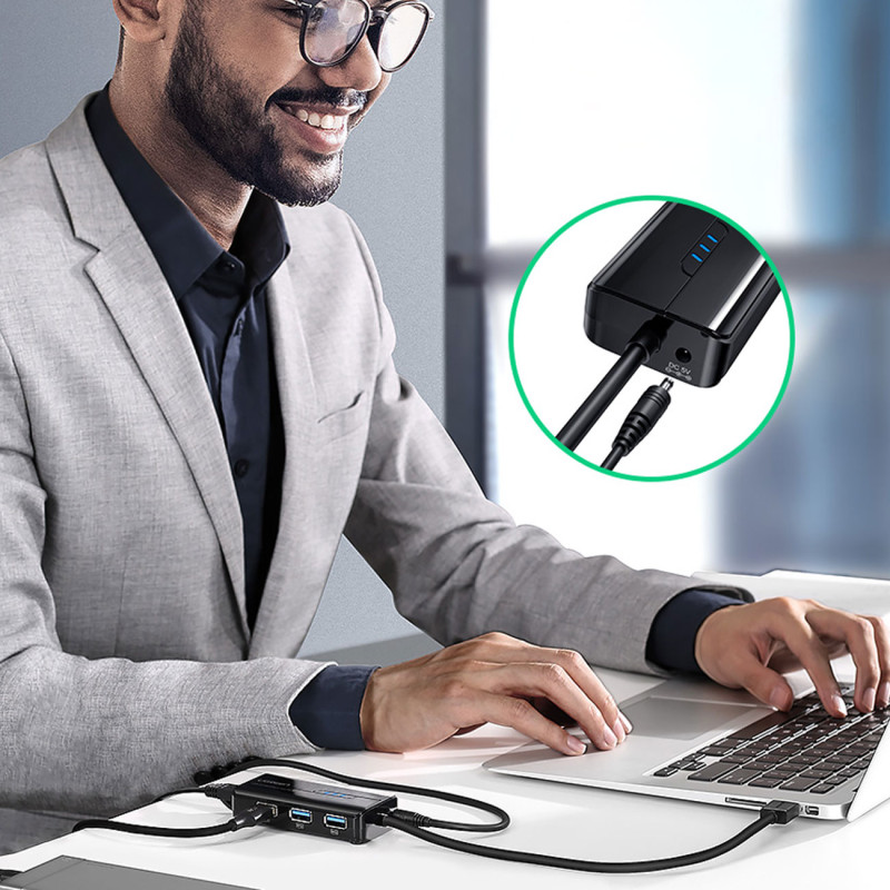 HUB tinklo adapteris USB-A - RJ45 1000 Mbps / 3x USB 3.0 juodas