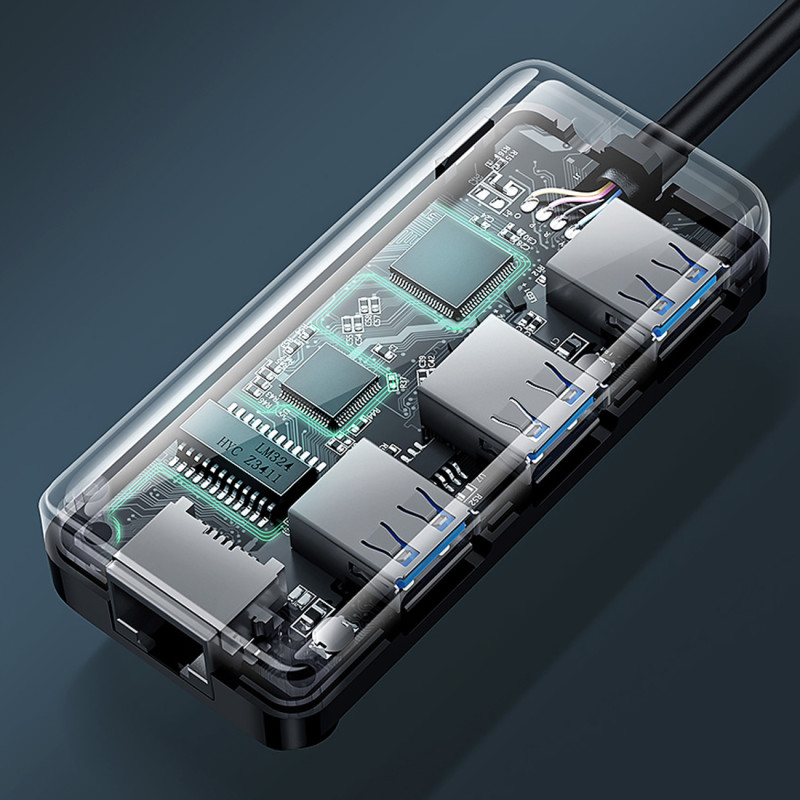HUB tinklo adapteris USB-A - RJ45 1000 Mbps / 3x USB 3.0 juodas