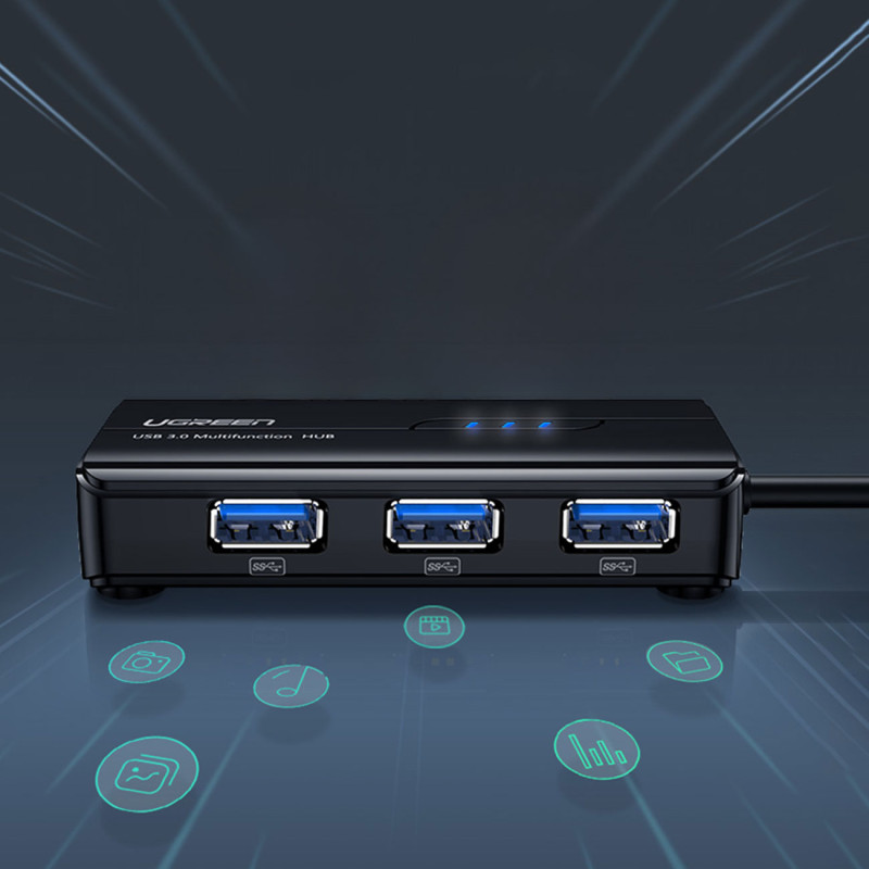 HUB tinklo adapteris USB-A - RJ45 1000 Mbps / 3x USB 3.0 juodas