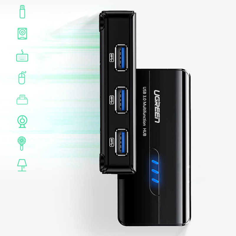 HUB tinklo adapteris USB-A - RJ45 1000 Mbps / 3x USB 3.0 juodas