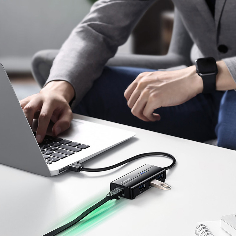 HUB tinklo adapteris USB-A - RJ45 1000 Mbps / 3x USB 3.0 juodas