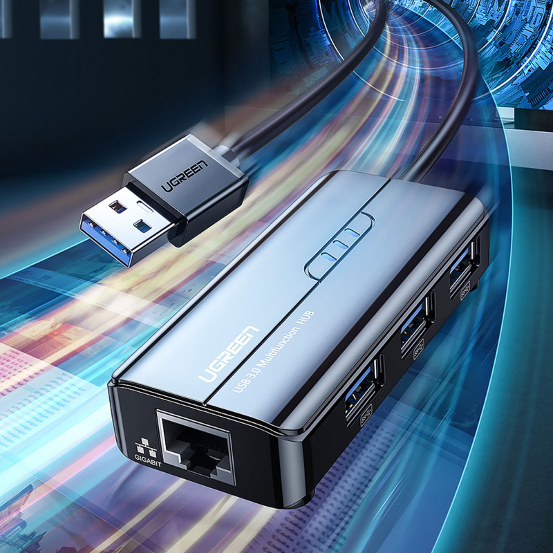 HUB tinklo adapteris USB-A - RJ45 1000 Mbps / 3x USB 3.0 juodas