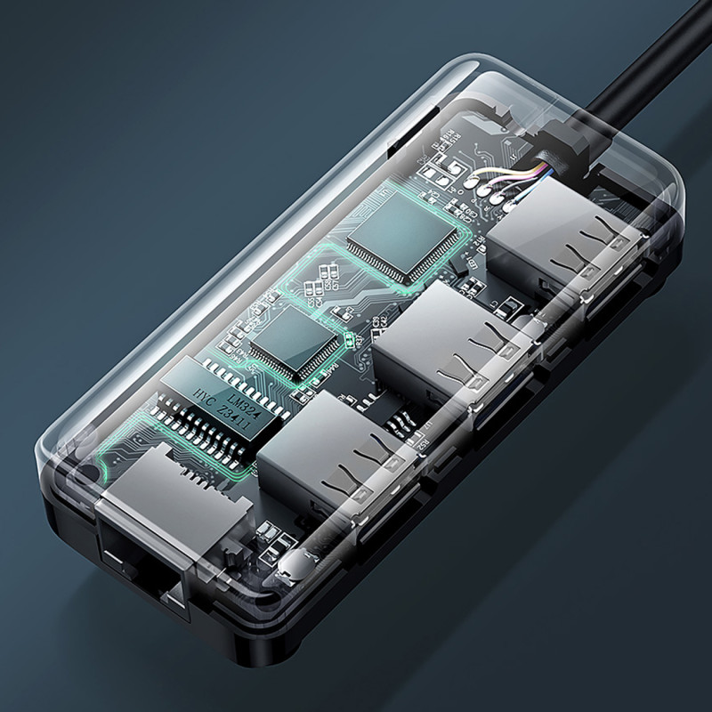 HUB tinklo adapteris USB-A - RJ45 10/ 100 Mbps / 3x USB 3.0 juodas