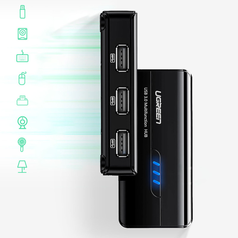 HUB tinklo adapteris USB-A - RJ45 10/ 100 Mbps / 3x USB 3.0 juodas