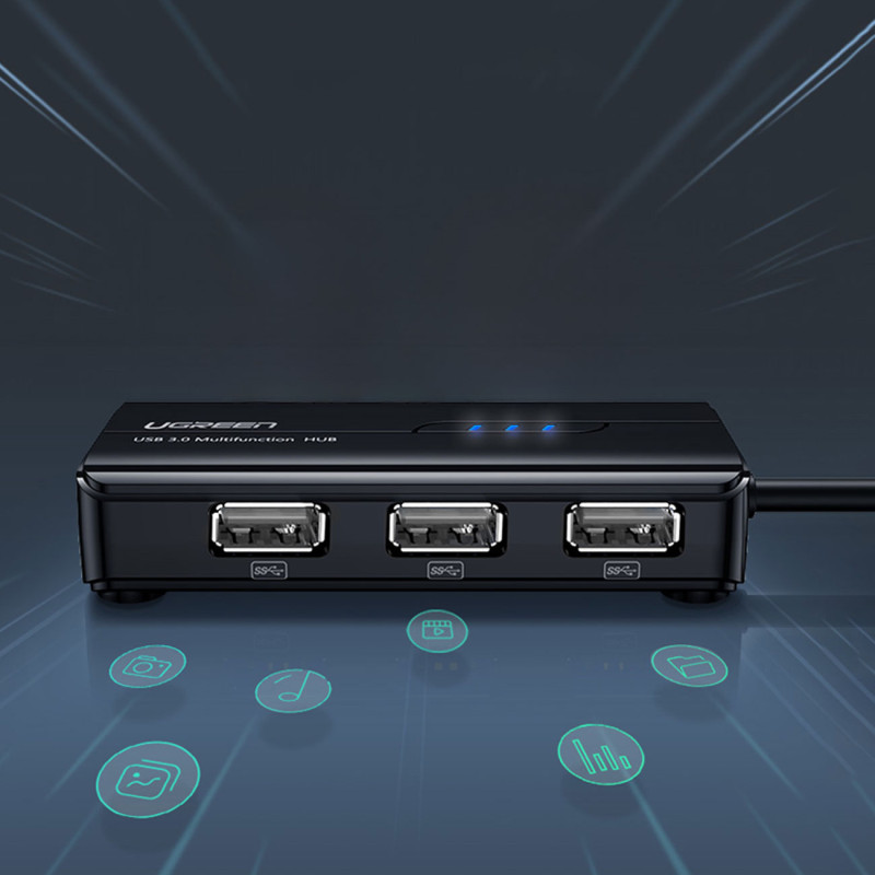 HUB tinklo adapteris USB-A - RJ45 10/ 100 Mbps / 3x USB 3.0 juodas