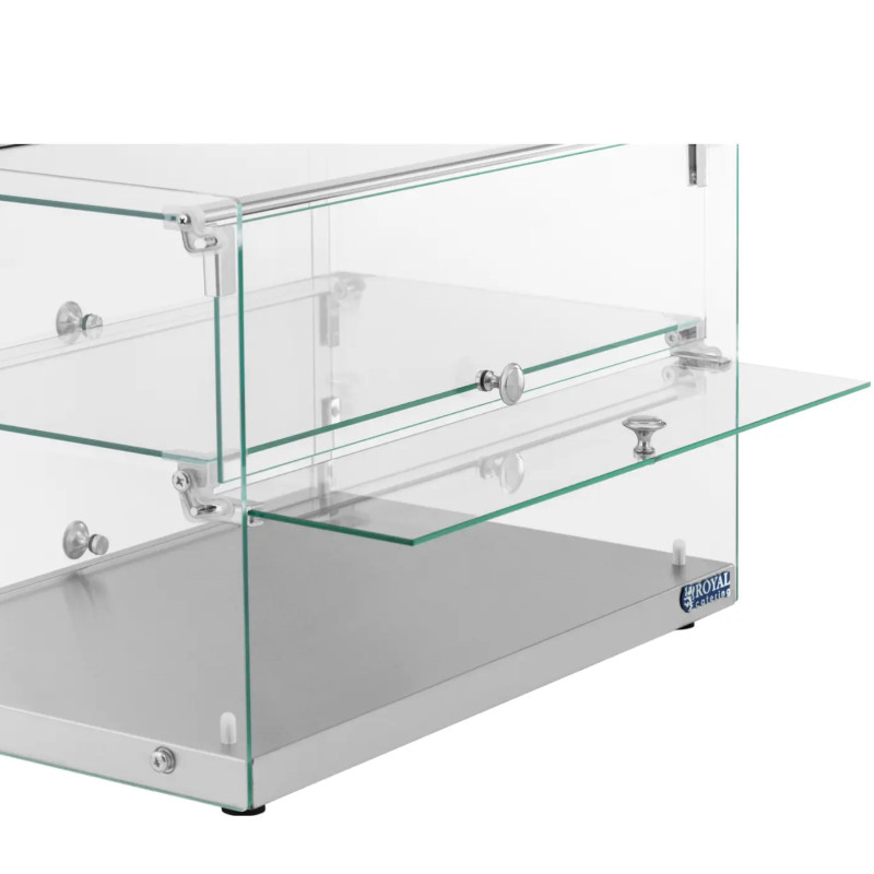 
Konditerijos bufeto vitrina tortams, desertams, bandeliams, stiklinė, 2 lentynos, 50 l
