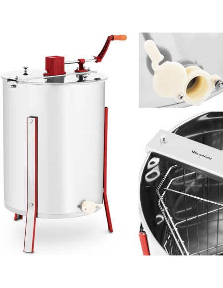 Medaus traukimo rankinė medaus centrifuga su 4 rėmeliais iš nerūdijančio plieno Medaus traukimo rankinė medaus centrifuga su 4 rėmeliais iš nerūdijančio plieno