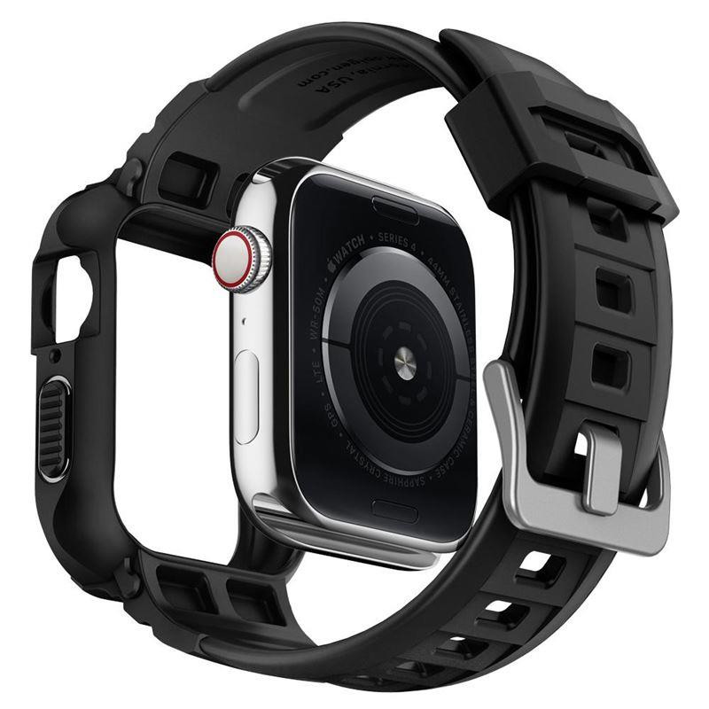 „Spigen Rugged Armor Pro“ dėklas su dirželiu, skirtas Apple Watch 4/ 5/ 6/ 7/ 8/ SE (44/ 45 mm) – juodas