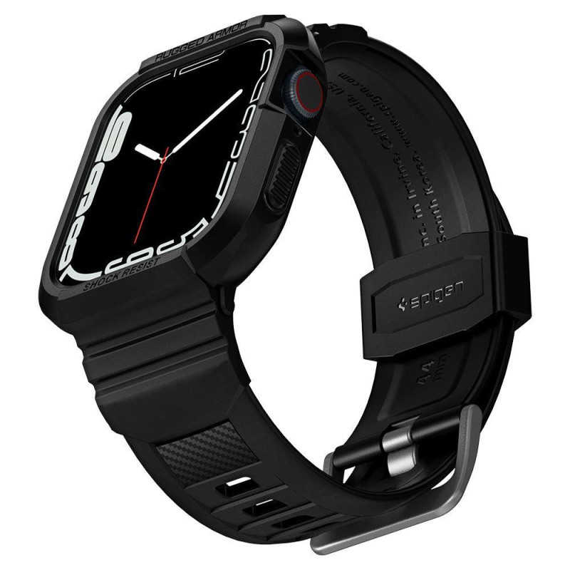 „Spigen Rugged Armor Pro“ dėklas su dirželiu, skirtas Apple Watch 4/ 5/ 6/ 7/ 8/ SE (44/ 45 mm) – juodas