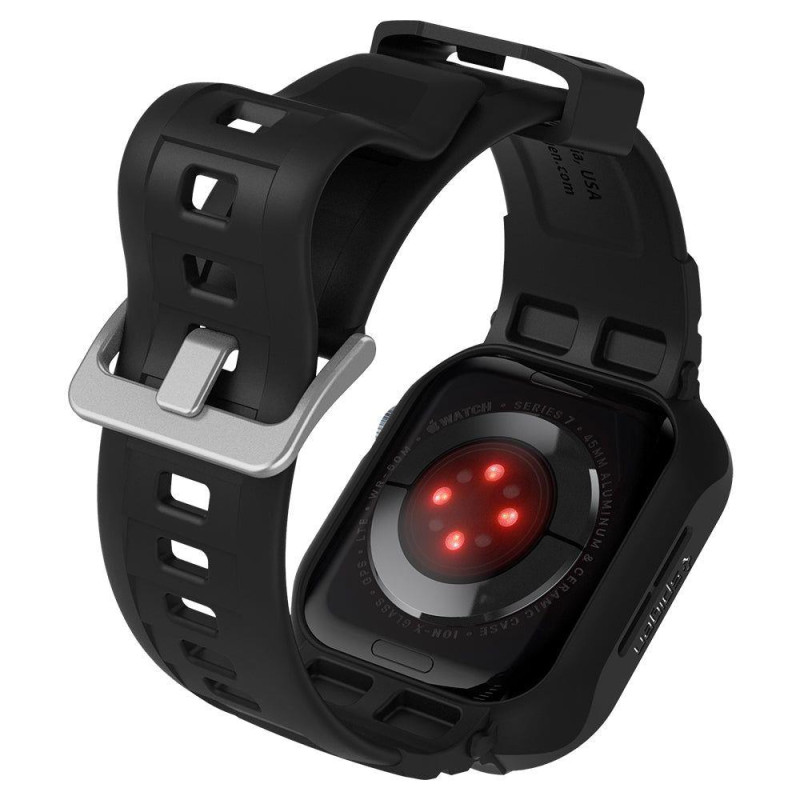 „Spigen Rugged Armor Pro“ dėklas su dirželiu, skirtas Apple Watch 4/ 5/ 6/ 7/ 8/ SE (44/ 45 mm) – juodas