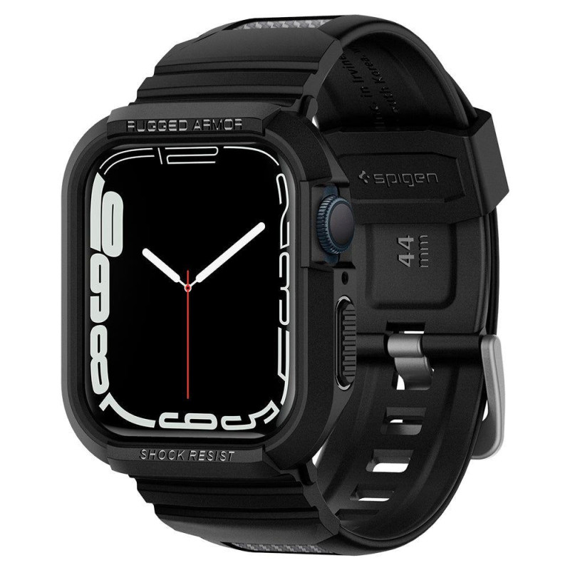„Spigen Rugged Armor Pro“ dėklas su dirželiu, skirtas Apple Watch 4/ 5/ 6/ 7/ 8/ SE (44/ 45 mm) – juodas