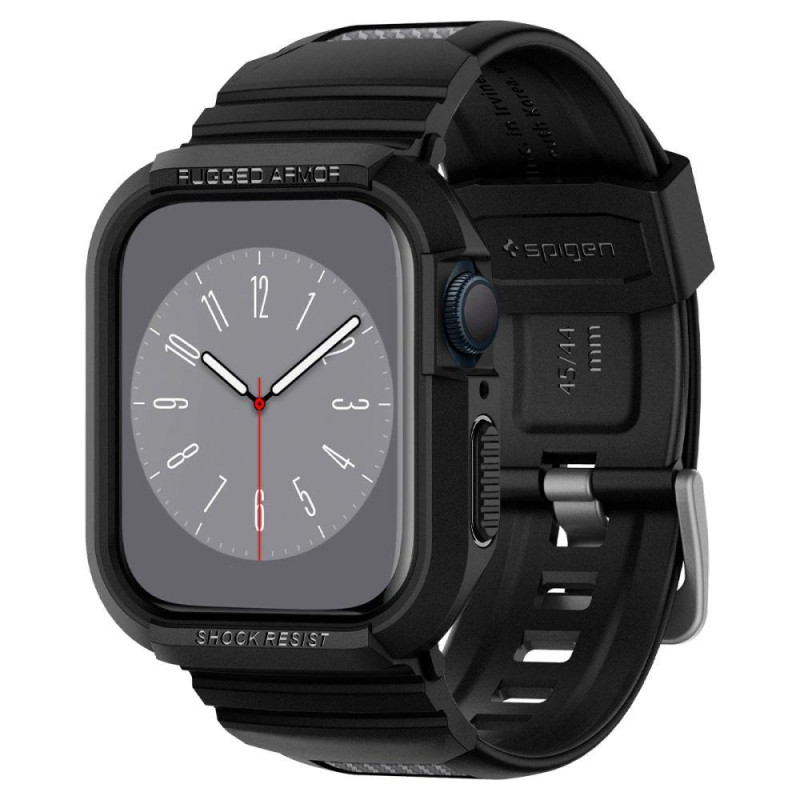 „Spigen Rugged Armor Pro“ dėklas su dirželiu, skirtas Apple Watch 4/ 5/ 6/ 7/ 8/ SE (44/ 45 mm) – juodas