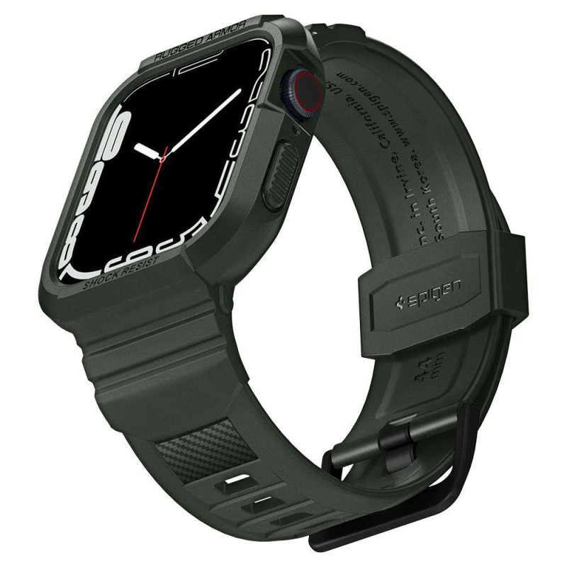 Spigen Rugged Armor Pro dėklas su dirželiu, skirtas Apple Watch 4/ 5/ 6/ 7/ 8/ SE (44/ 45 mm) – žalias