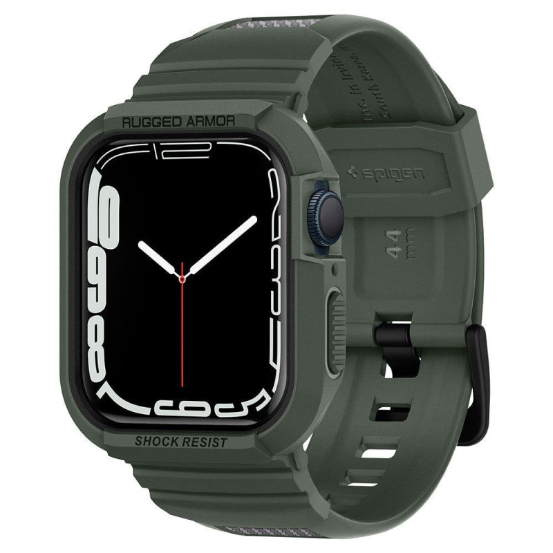Spigen Rugged Armor Pro dėklas su dirželiu, skirtas Apple Watch 4/ 5/ 6/ 7/ 8/ SE (44/ 45 mm) – žalias