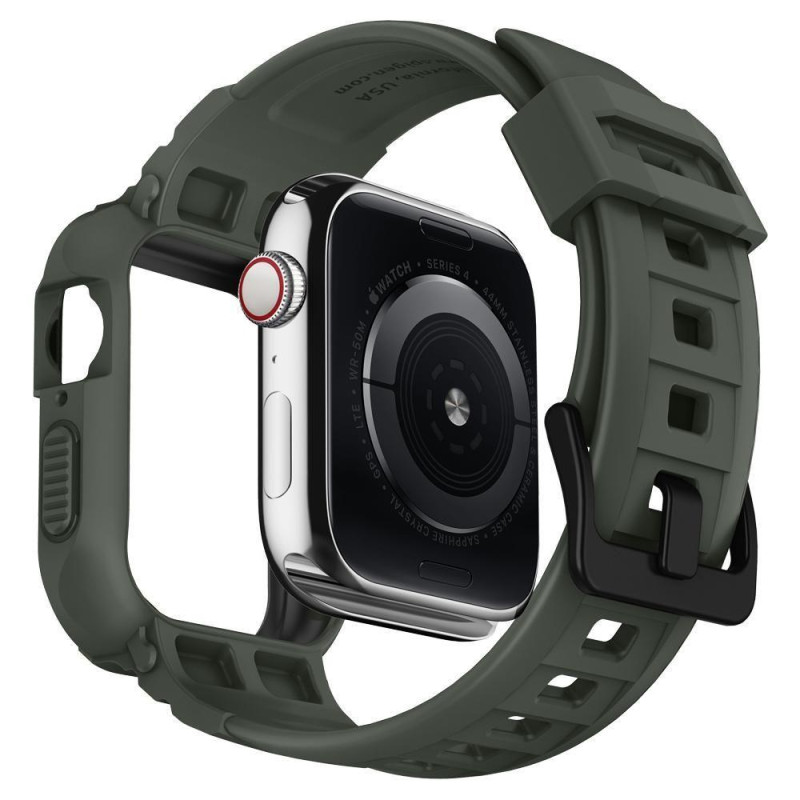 Spigen Rugged Armor Pro dėklas su dirželiu, skirtas Apple Watch 4/ 5/ 6/ 7/ 8/ SE (44/ 45 mm) – žalias