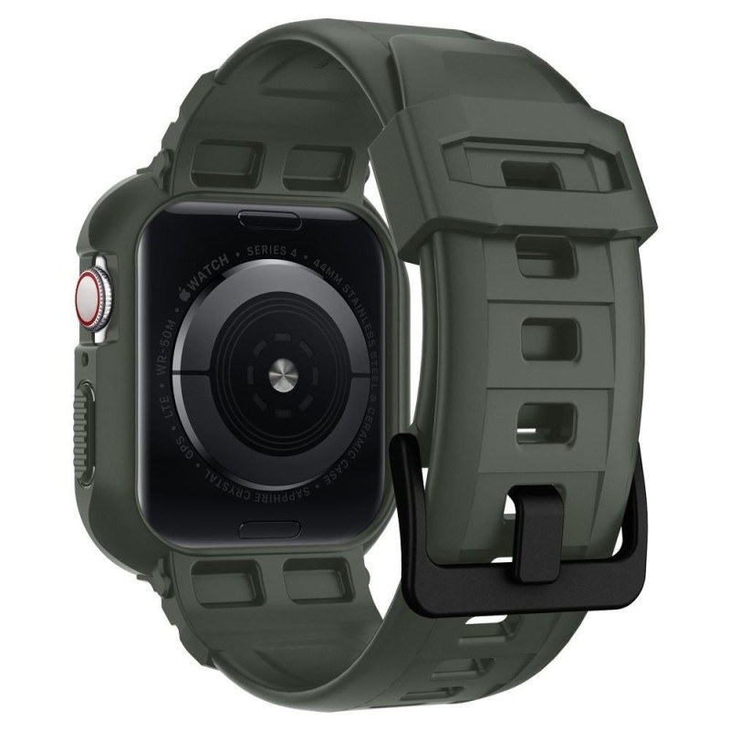 Spigen Rugged Armor Pro dėklas su dirželiu, skirtas Apple Watch 4/ 5/ 6/ 7/ 8/ SE (44/ 45 mm) – žalias
