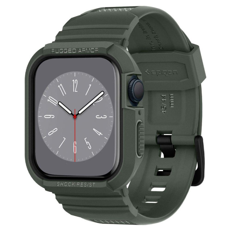 Spigen Rugged Armor Pro dėklas su dirželiu, skirtas Apple Watch 4/ 5/ 6/ 7/ 8/ SE (44/ 45 mm) – žalias