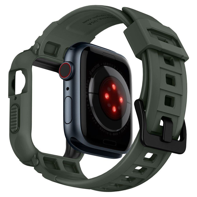 Spigen Rugged Armor Pro dėklas su dirželiu, skirtas Apple Watch 4/ 5/ 6/ 7/ 8/ SE (44/ 45 mm) – žalias