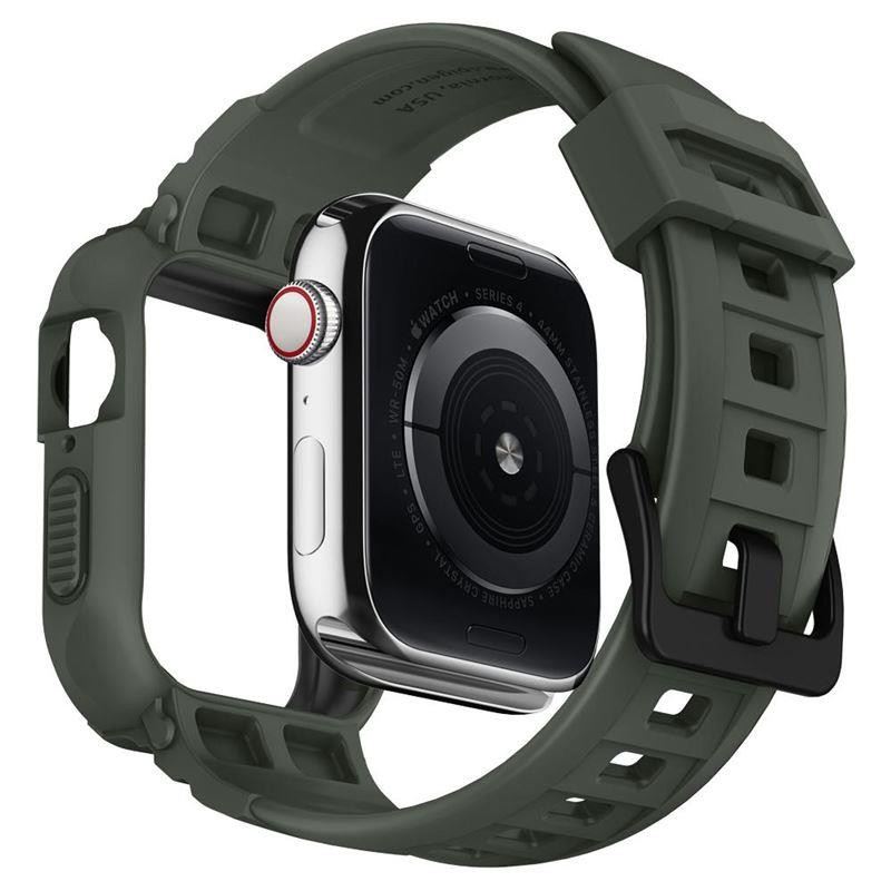 Spigen Rugged Armor Pro dėklas su dirželiu, skirtas Apple Watch 4/ 5/ 6/ 7/ 8/ SE (44/ 45 mm) – žalias