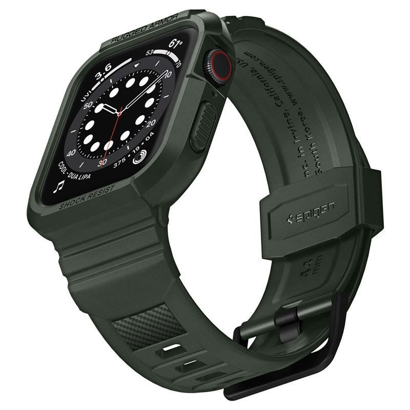Spigen Rugged Armor Pro dėklas su dirželiu, skirtas Apple Watch 4/ 5/ 6/ 7/ 8/ SE (44/ 45 mm) – žalias