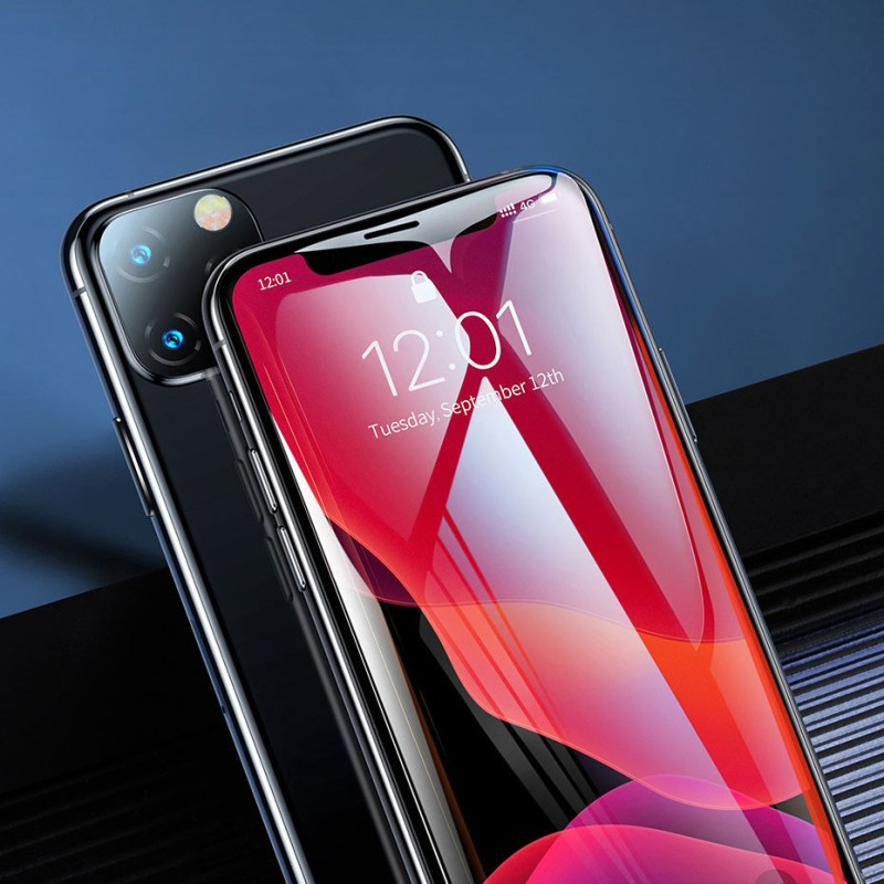 Baseus viso ekrano grūdintas stiklas su rėmeliu 0.23mm 9H iPhone 11 / iPhone XR 2 vnt + padėties nustatymo reguliatorius...