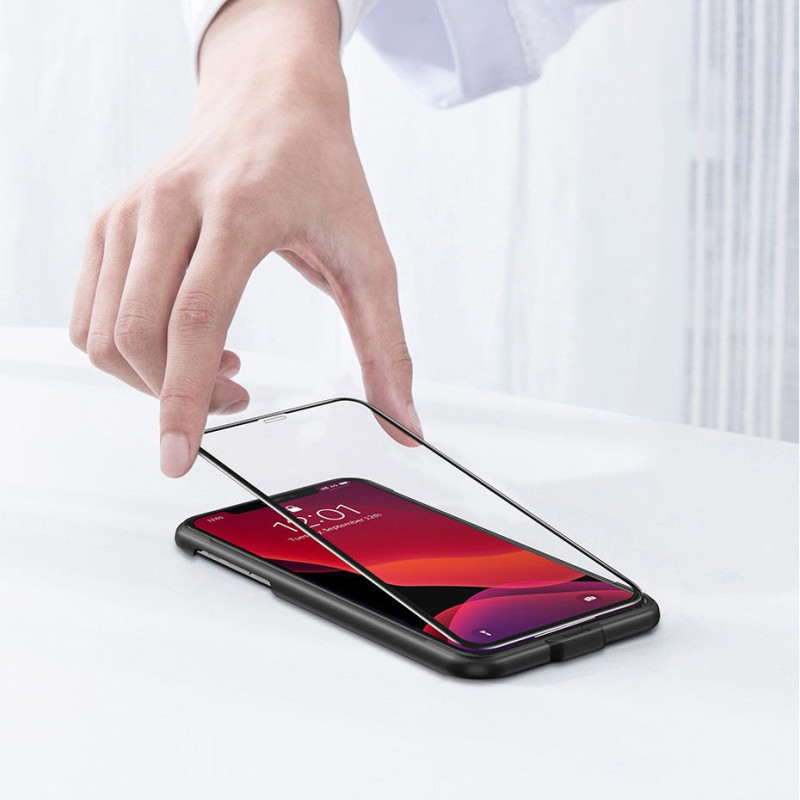 Baseus viso ekrano grūdintas stiklas su rėmeliu 0.23mm 9H iPhone 11 / iPhone XR 2 vnt + padėties nustatymo reguliatorius...