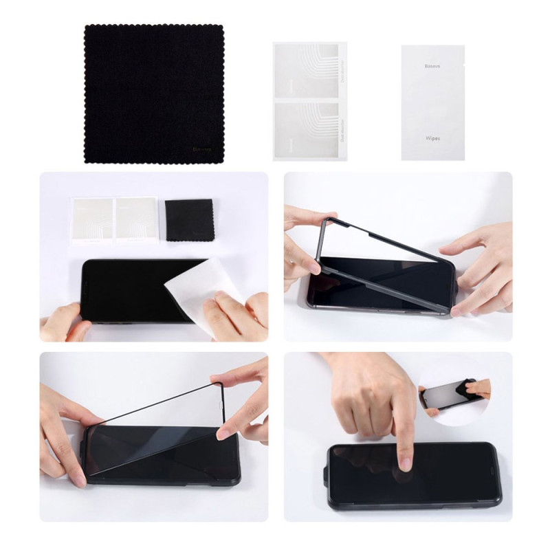 Baseus viso ekrano grūdintas stiklas su rėmeliu 0.23mm 9H iPhone 11 / iPhone XR 2 vnt + padėties nustatymo reguliatorius...