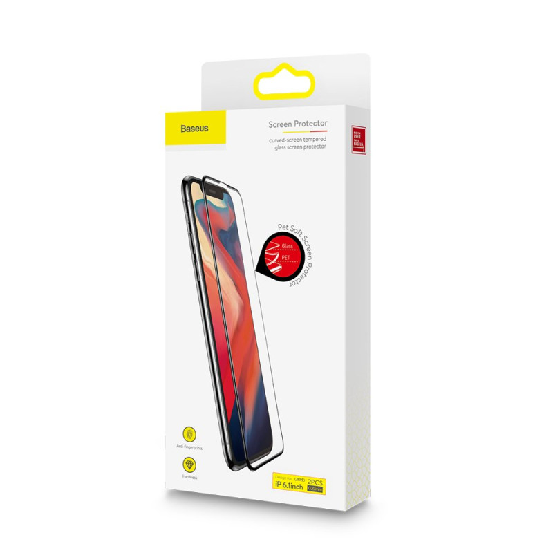 Baseus viso ekrano grūdintas stiklas su rėmeliu 0.23mm 9H iPhone 11 / iPhone XR 2 vnt + padėties nustatymo reguliatorius...