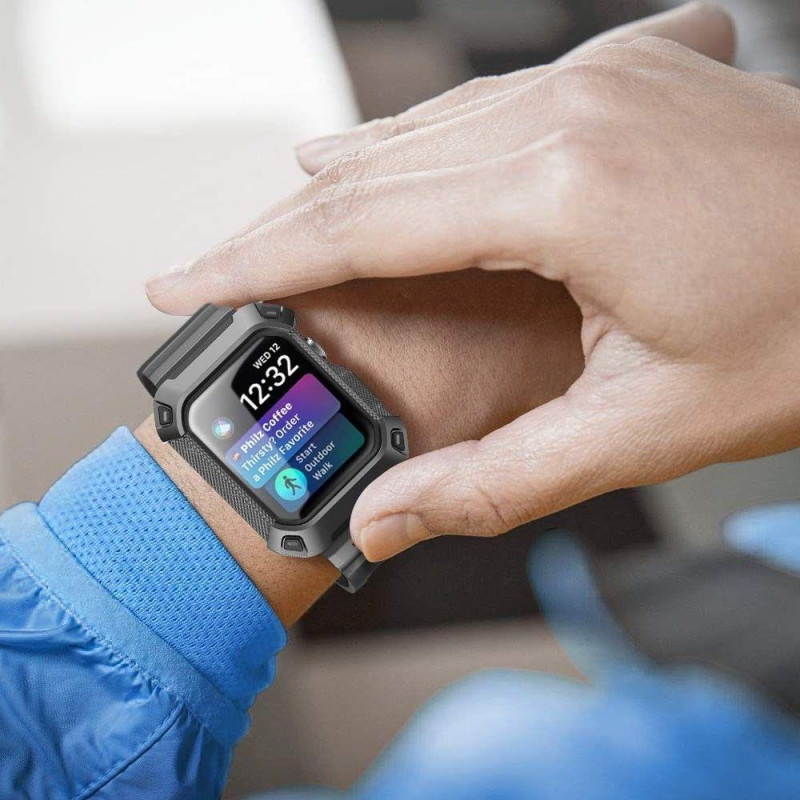 Supcase Unicorn Beetle Pro dėklas su dirželiu, skirtas Apple Watch 4/ 5/ 6/ 7/ 8/ SE (44/ 45 mm) – juodas