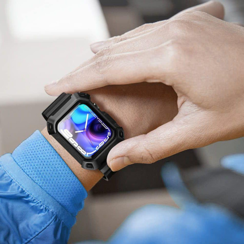 Supcase Unicorn Beetle Pro dėklas su dirželiu, skirtas Apple Watch 4/ 5/ 6/ 7/ 8/ SE (44/ 45 mm) – juodas