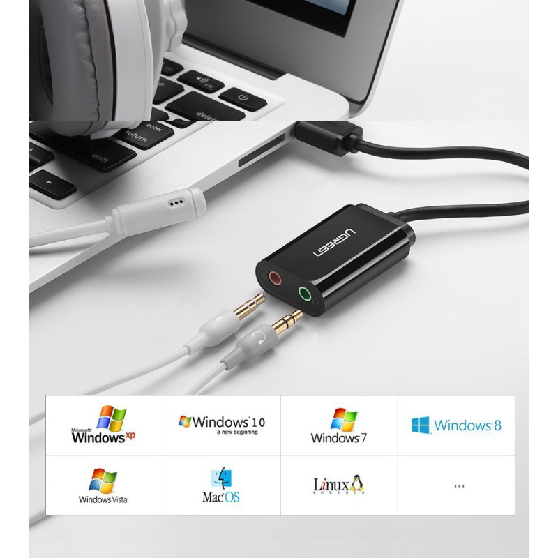 Ugreen išorinė muzikos garso plokštė USB adapteris - 3,5 mm mini lizdas 15 cm juodas (30724)