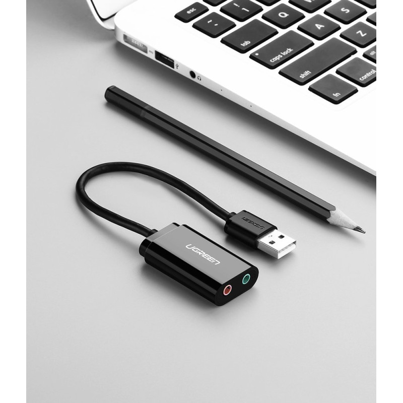 Ugreen išorinė muzikos garso plokštė USB adapteris - 3,5 mm mini lizdas 15 cm juodas (30724)