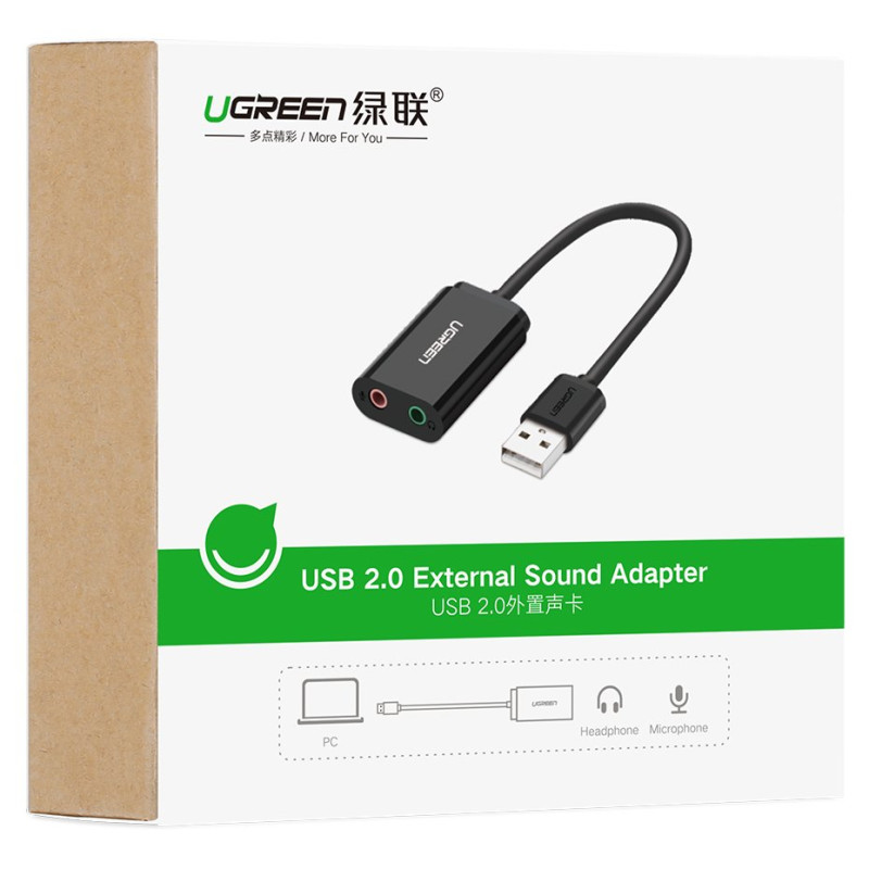 Ugreen išorinė muzikos garso plokštė USB adapteris - 3,5 mm mini lizdas 15 cm juodas (30724)