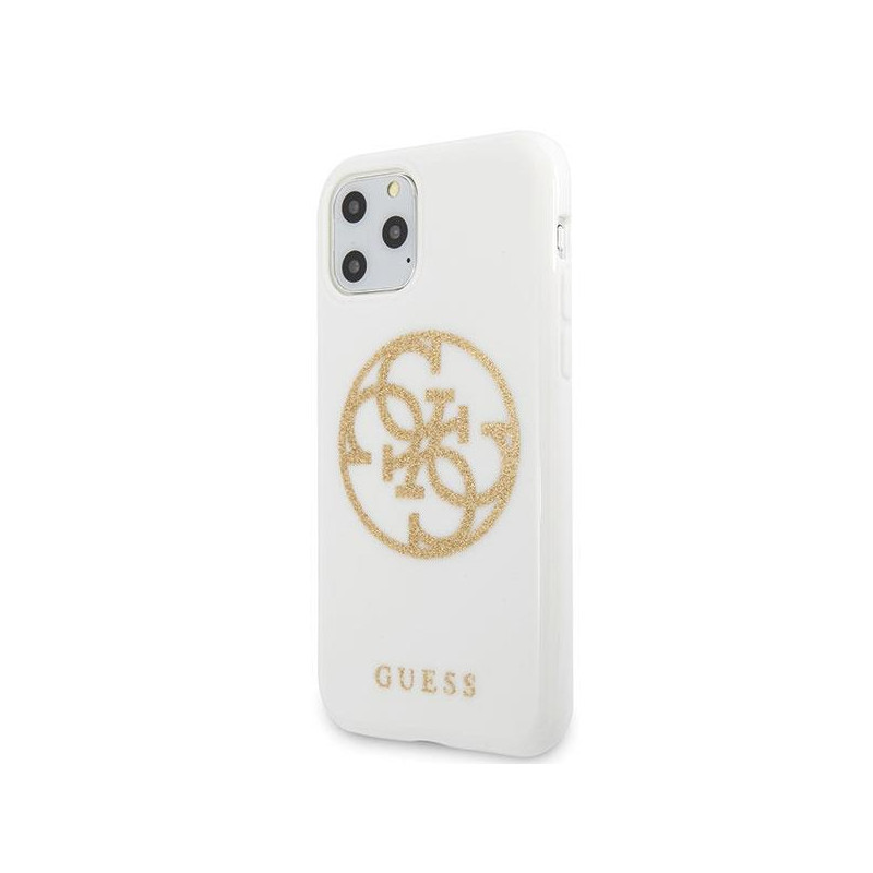 Guess Glitter 4G Circle Logo dėklas, skirtas iPhone 11 Pro Max - baltas
