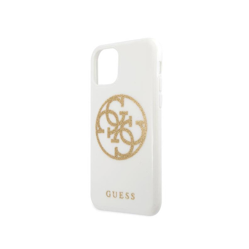 Guess Glitter 4G Circle Logo dėklas, skirtas iPhone 11 Pro Max - baltas