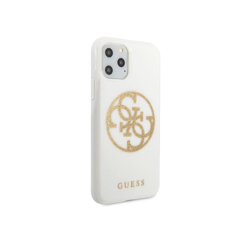 Guess Glitter 4G Circle Logo dėklas, skirtas iPhone 11 Pro Max - baltas