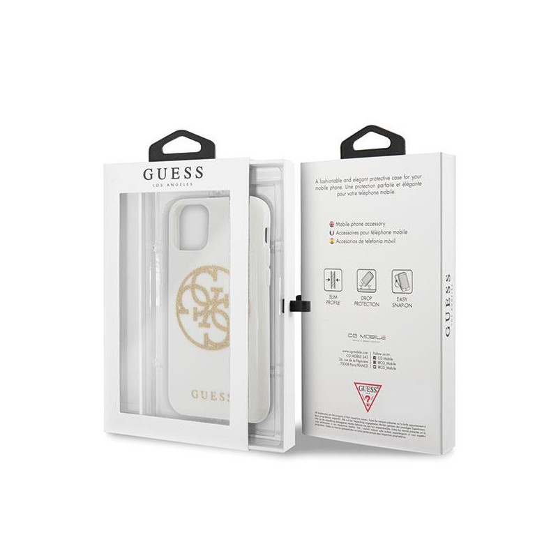 Guess Glitter 4G Circle Logo dėklas, skirtas iPhone 11 Pro Max - baltas