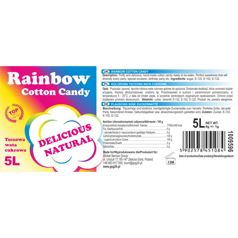 Spalvinga vaivorykštinė cukraus vata Rainbow Cotton Candy 5L