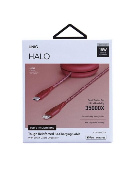 MFi UNIQ Halo USB-C / Lightning 18W nailono suvyniotas laidas 1,2 m - raudonas MFi UNIQ Halo USB-C / Lightning 18W nailono suvyniotas laidas 1,2 m - raudonas