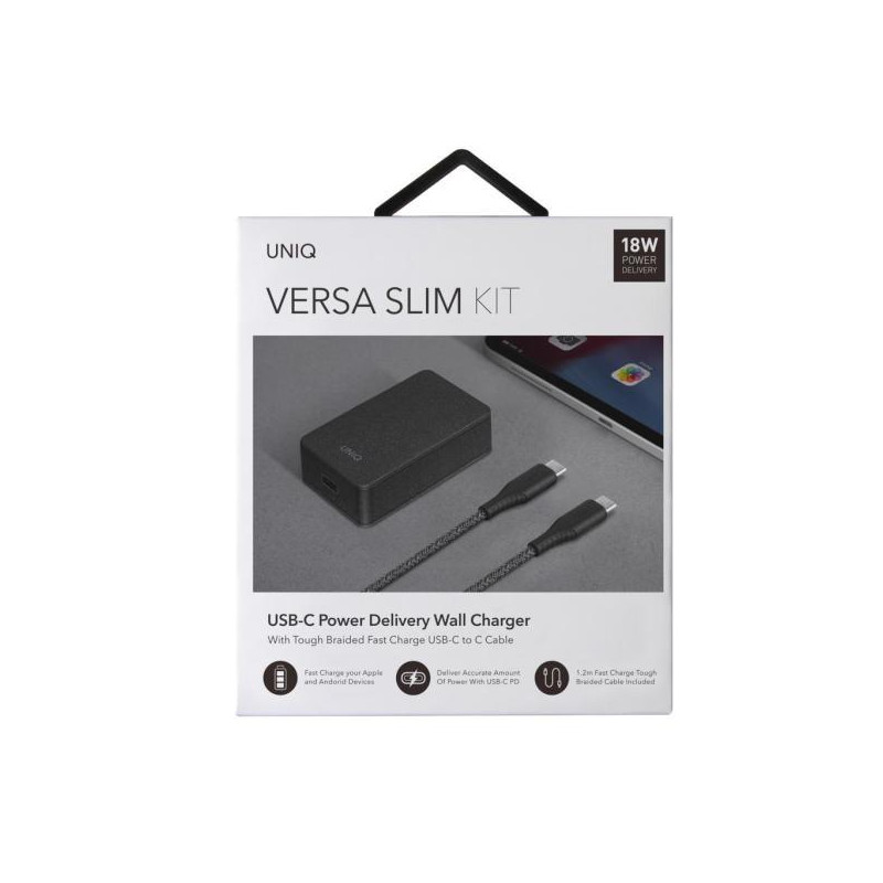 UNIQ Versa Slim LITHOS Collective USB-C PD 18W sieninis įkroviklis + USB-C / USB-C laidas - juodas