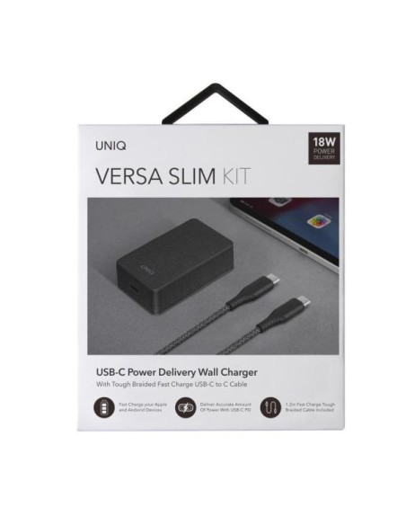 UNIQ Versa Slim LITHOS Collective USB-C PD 18W sieninis įkroviklis + USB-C / USB-C laidas - juodas UNIQ Versa Slim LITHOS Collective USB-C PD 18W sieninis įkroviklis + USB-C / USB-C laidas - juodas