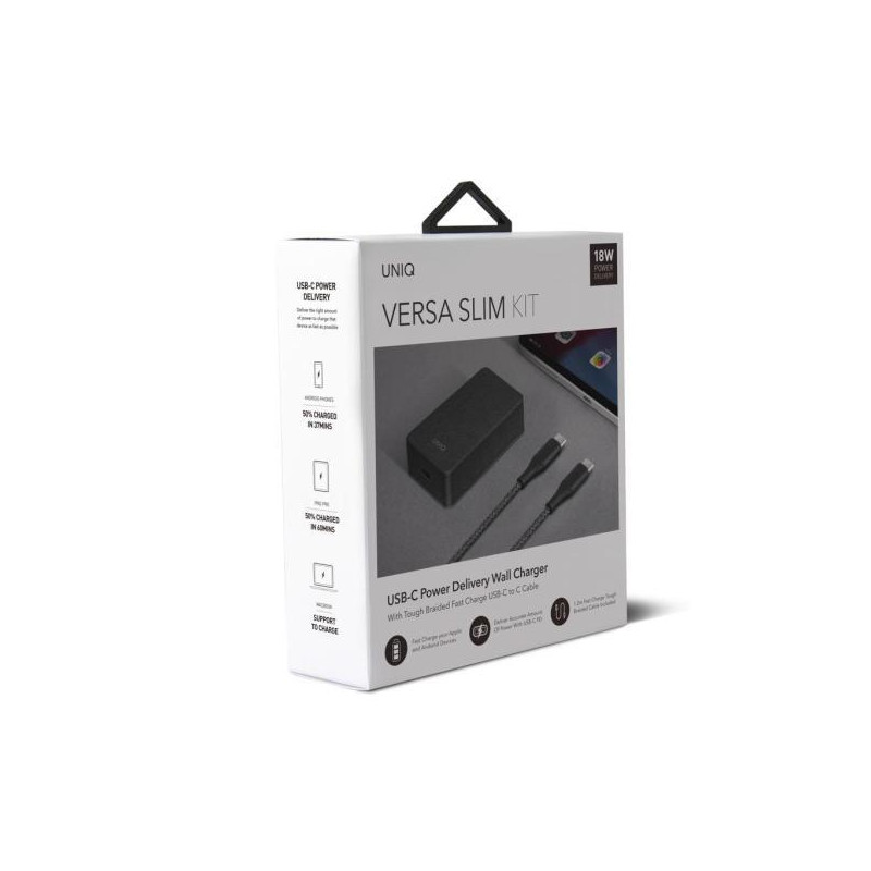 UNIQ Versa Slim LITHOS Collective USB-C PD 18W sieninis įkroviklis + USB-C / USB-C laidas - juodas