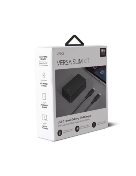 UNIQ Versa Slim LITHOS Collective USB-C PD 18W sieninis įkroviklis + USB-C / USB-C laidas - juodas UNIQ Versa Slim LITHOS Collective USB-C PD 18W sieninis įkroviklis + USB-C / USB-C laidas - juodas