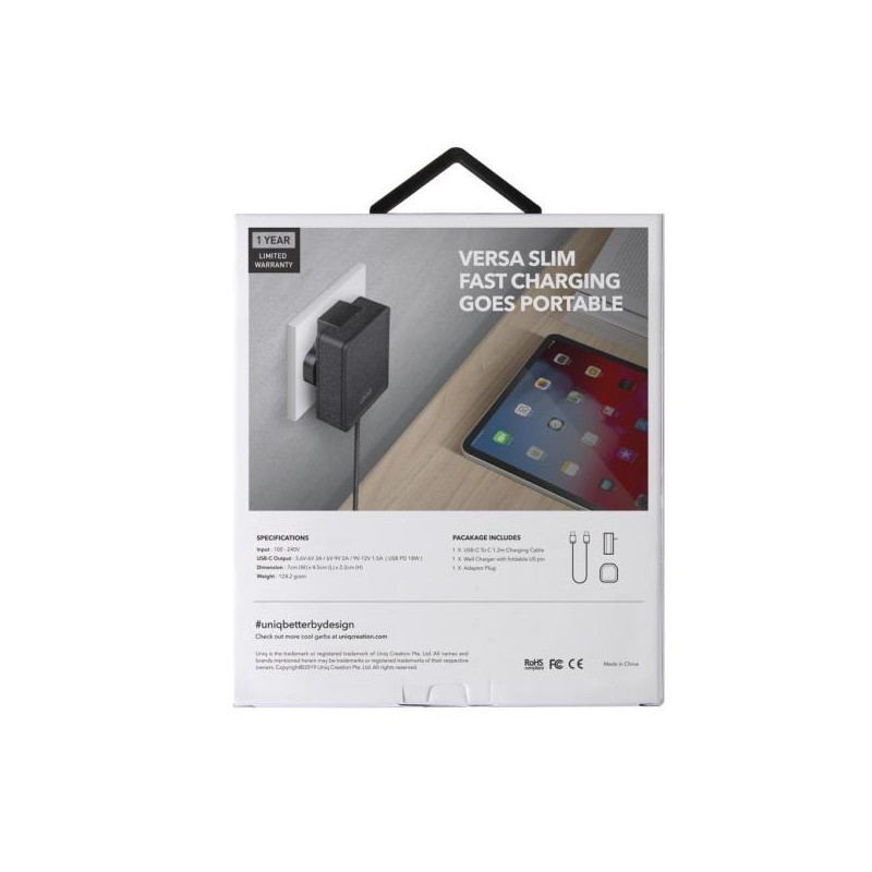 UNIQ Versa Slim LITHOS Collective USB-C PD 18W sieninis įkroviklis + USB-C / USB-C laidas - juodas