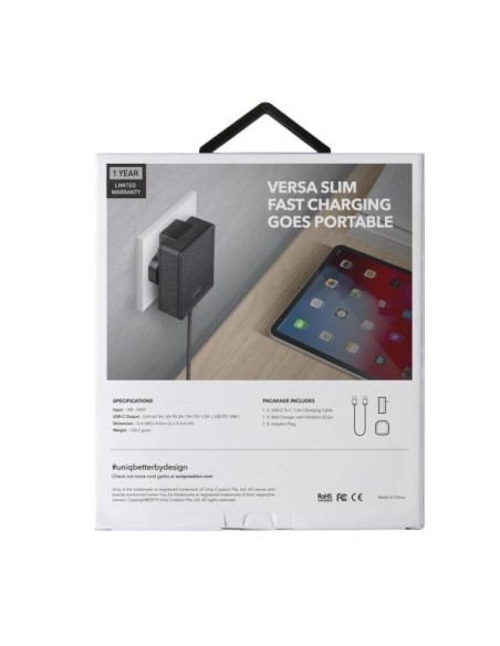 UNIQ Versa Slim LITHOS Collective USB-C PD 18W sieninis įkroviklis + USB-C / USB-C laidas - juodas UNIQ Versa Slim LITHOS Collective USB-C PD 18W sieninis įkroviklis + USB-C / USB-C laidas - juodas