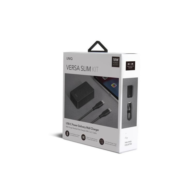 UNIQ Versa Slim LITHOS Collective USB-C PD 18W sieninis įkroviklis + USB-C / USB-C laidas - juodas