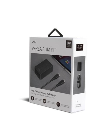 UNIQ Versa Slim LITHOS Collective USB-C PD 18W sieninis įkroviklis + USB-C / USB-C laidas - juodas UNIQ Versa Slim LITHOS Collective USB-C PD 18W sieninis įkroviklis + USB-C / USB-C laidas - juodas