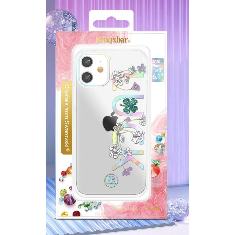 Kingxbar Lucky Series dėklas papuoštas originaliais Swarovski Crystals iPhone 12 mini skaidriais (dobilais)