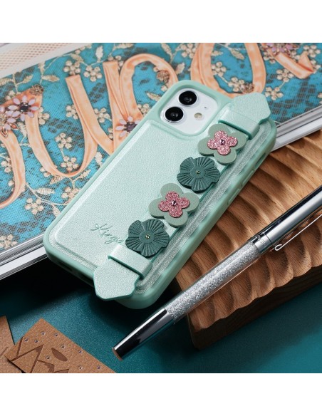 Kingxbar Sweet Series gelio dėklas dekoruotas originaliais Swarovski kristalais su stovu iPhone 12 Pro / iPhone 12 green
