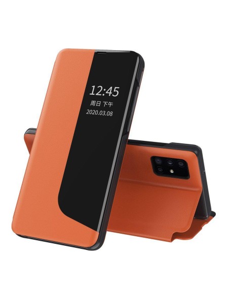 Eco Leather View Case elegantiškas dėklas su atvartu ir stovo funkcija, skirta Huawei P40 Lite oranžinei spalvai